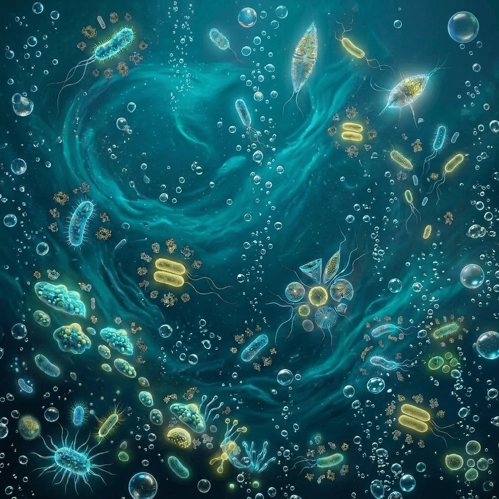 Illustrated marine microbiology infographic highlighting bioluminescent bacteria, bacterial biofilms, microbial food webs, nutrient cycling, deep sea ecosystems, and diversity of microbes